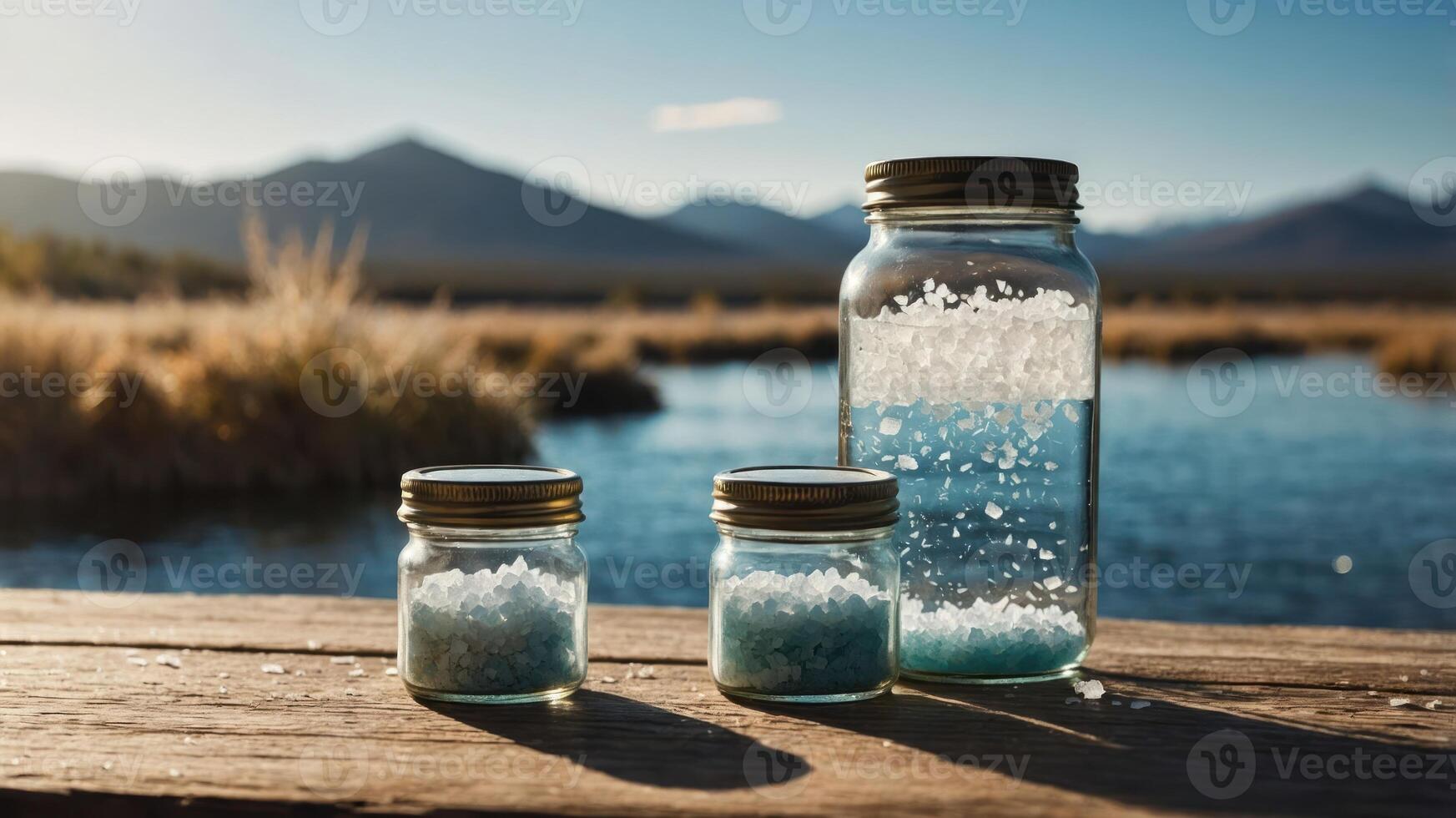 Jars with Crystals on Wooden Surface with Scenic Lake Landscape photo