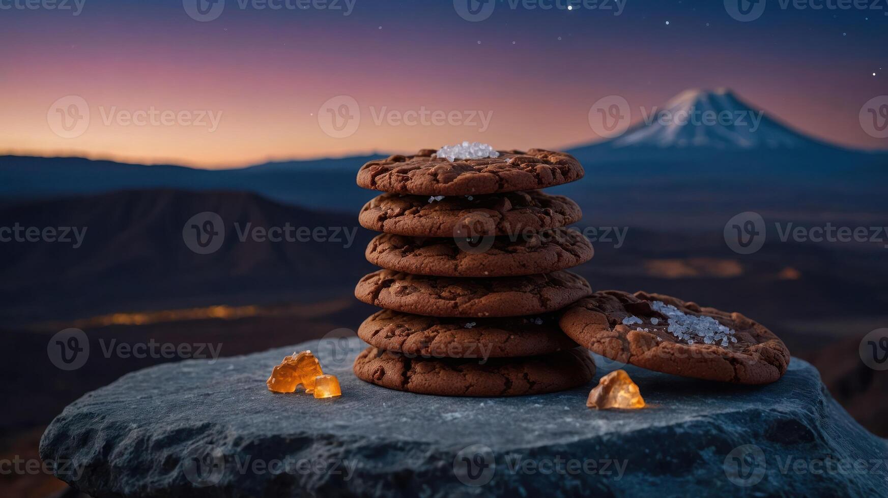 Stack of Chocolate Cookies on Stone with Mountain Landscape Scenery photo