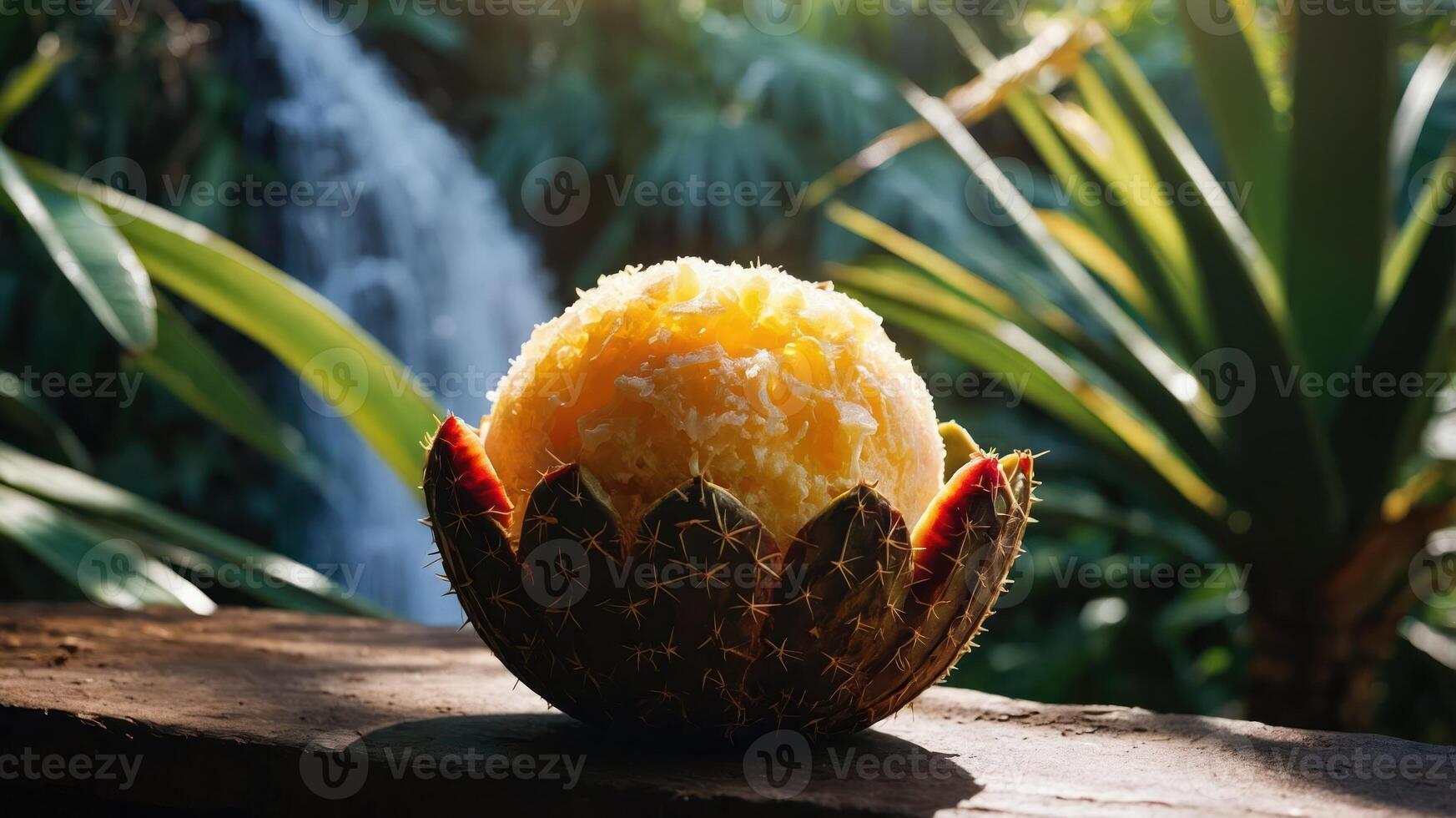 Serving Fruit in a Cactus Bowl Next to a Waterfall photo