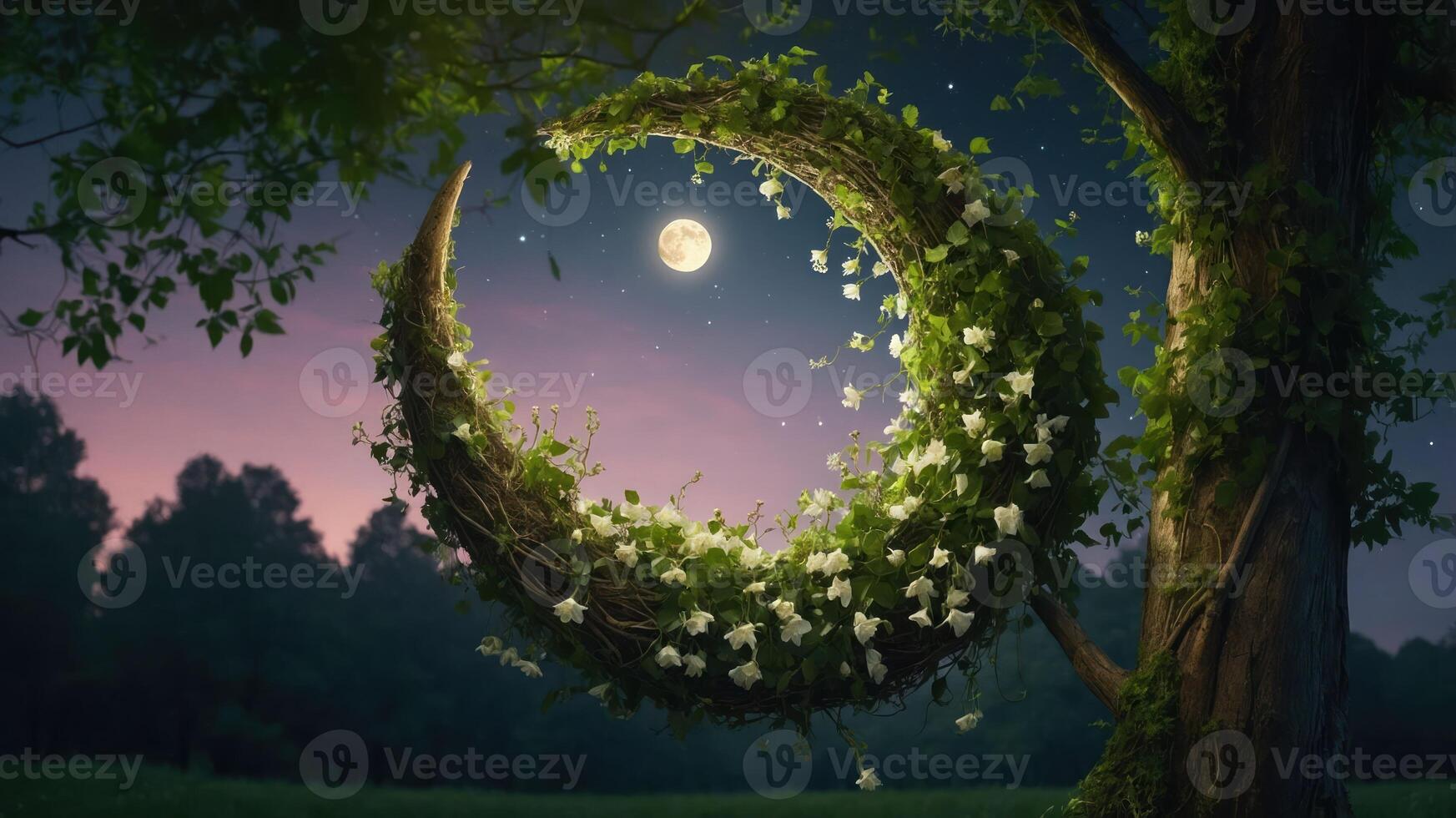 Floral Crescent Moon with Flowers Under Night Sky and Moonlight photo