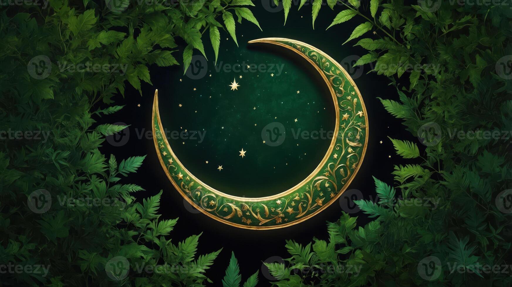 Crescent Moon Surrounded by Greenery with Stars in Dark Sky photo