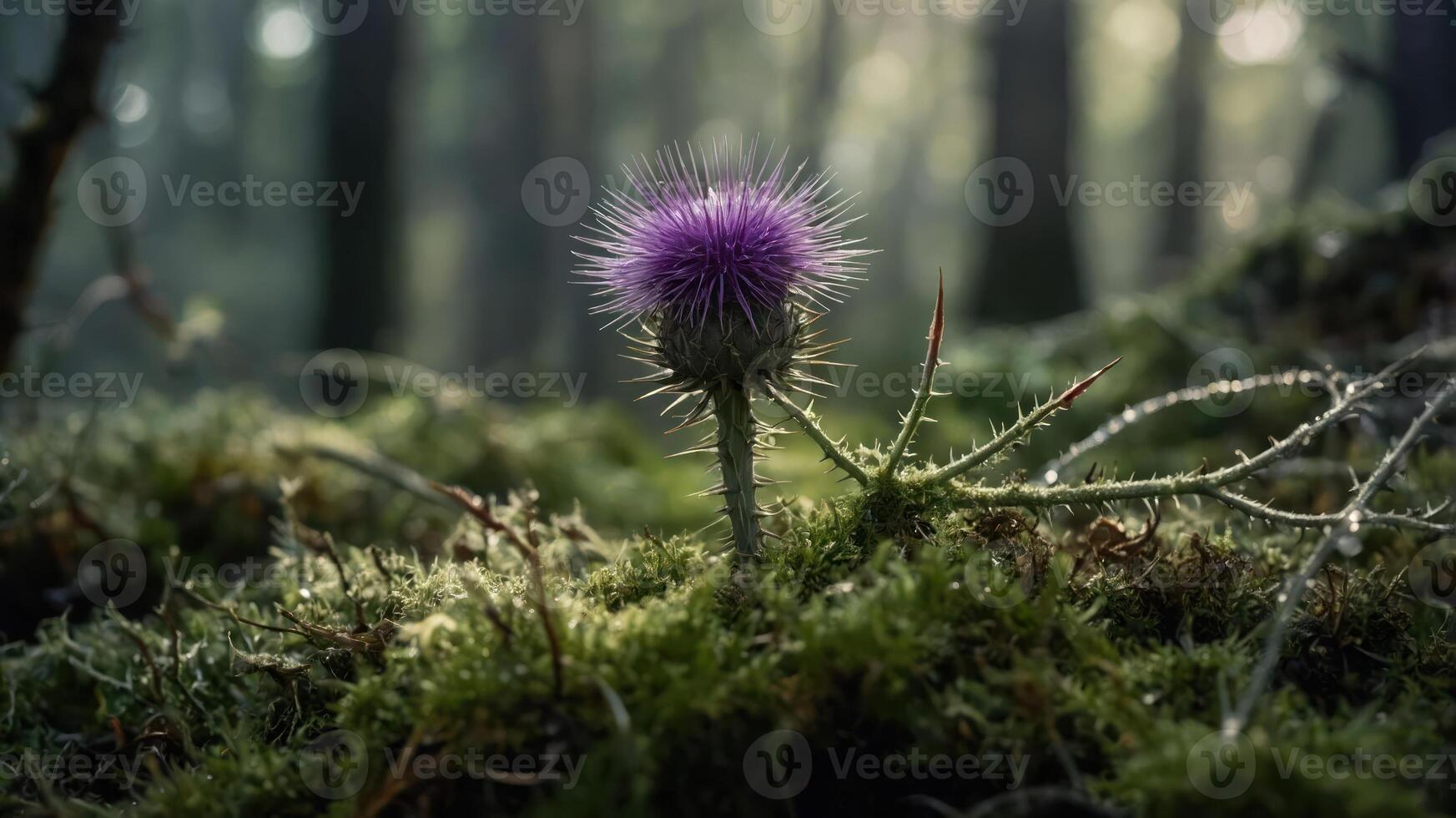 Purple Thistle Flower Growing in Forest Moss with Morning Dew photo