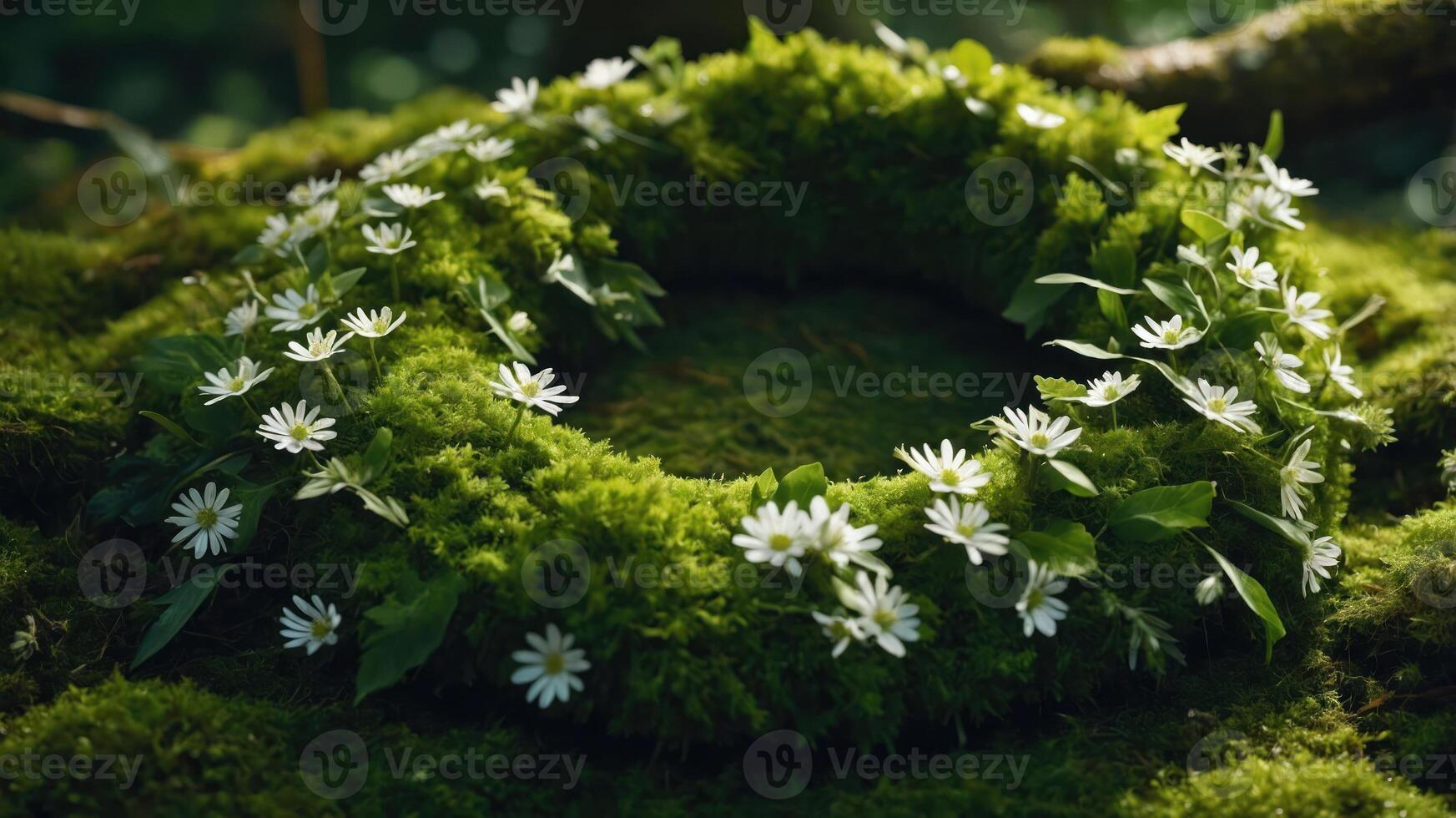 Creating Floral Moss Wreath with Small White Flowers in Natural Setting photo