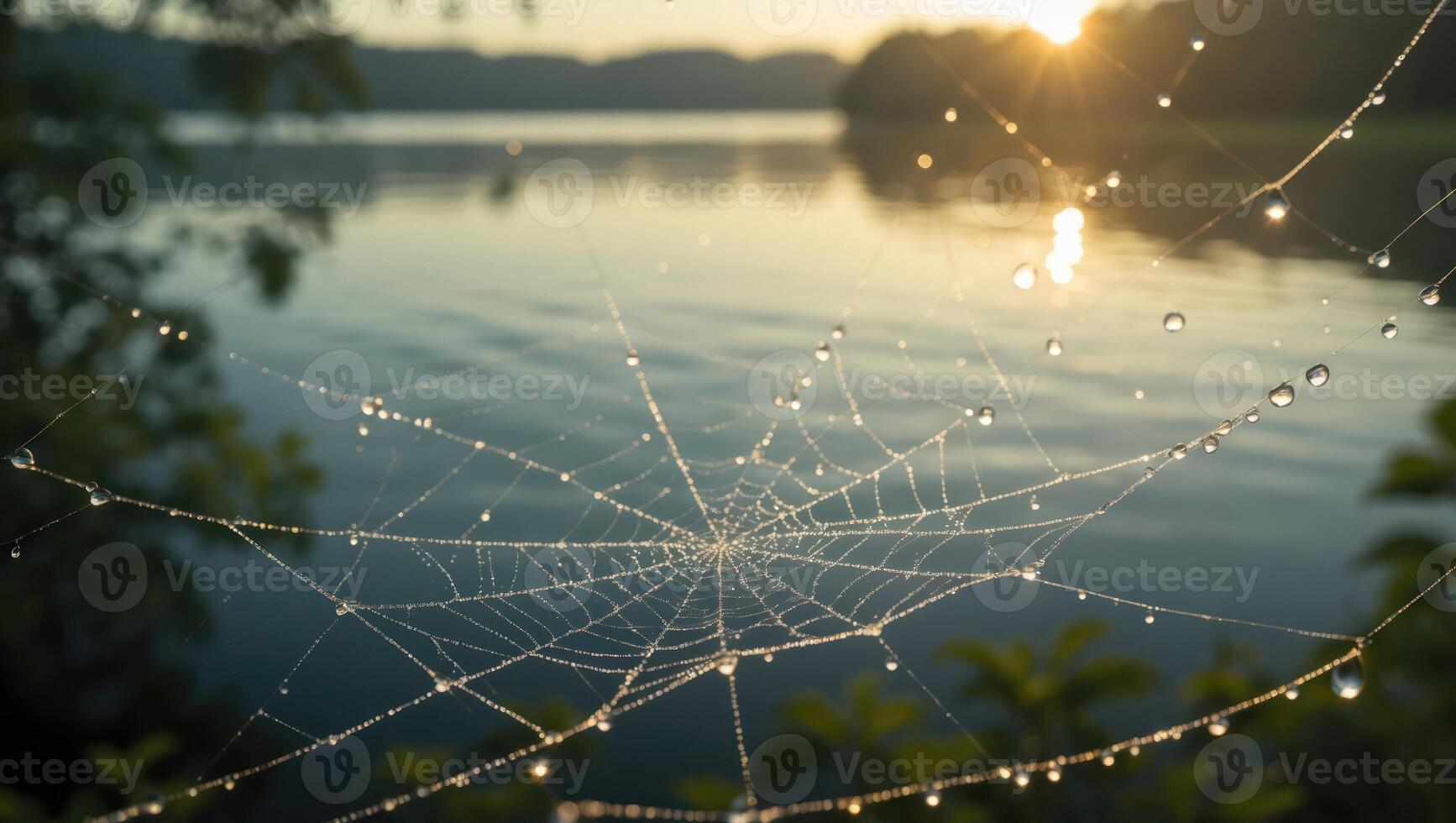 Spiderweb Covered in Dew Drops with Lake Background at Sunrise photo