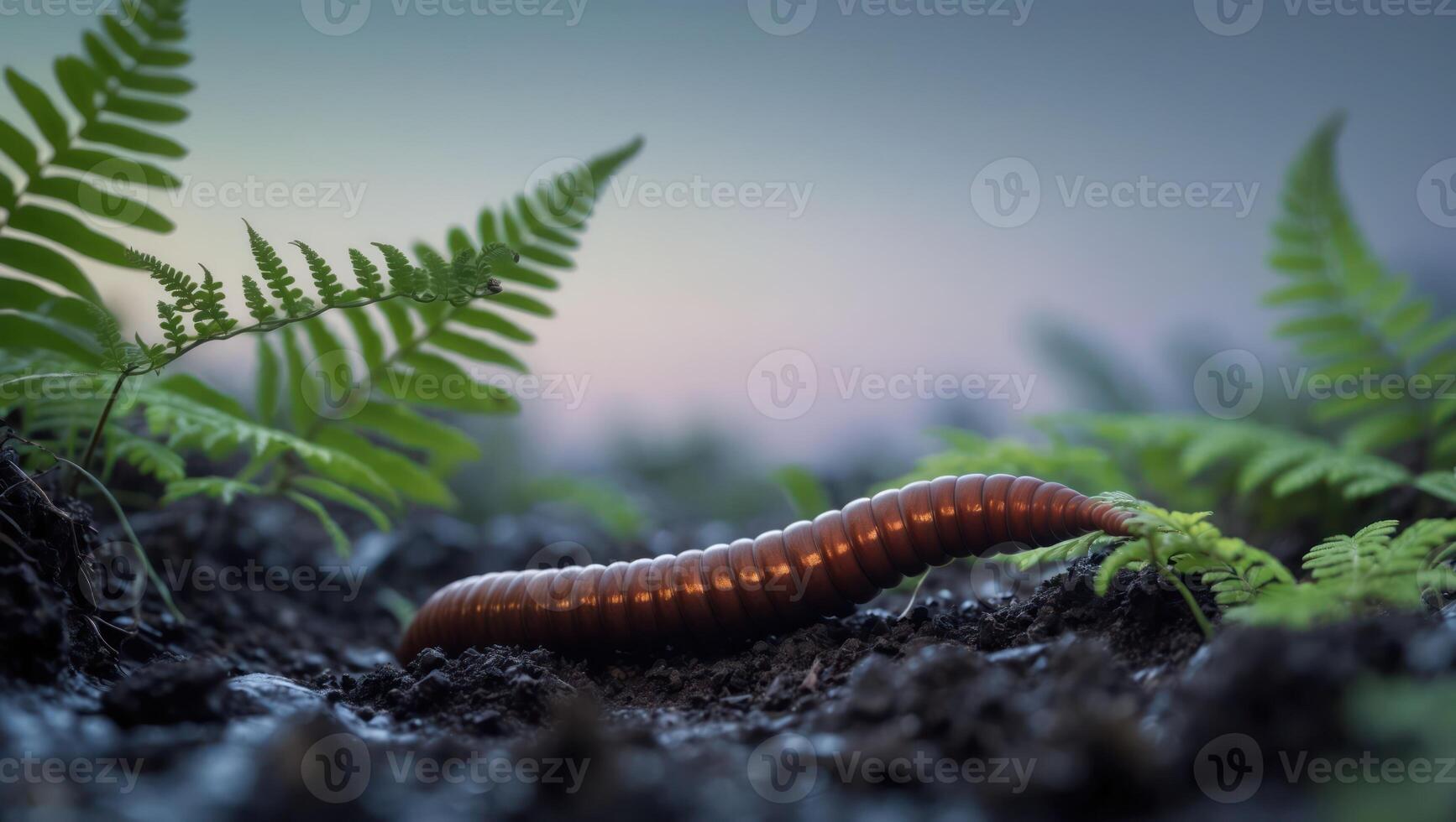 Millipede Crawling Through Soil Among Ferns During Dusk in Forest photo