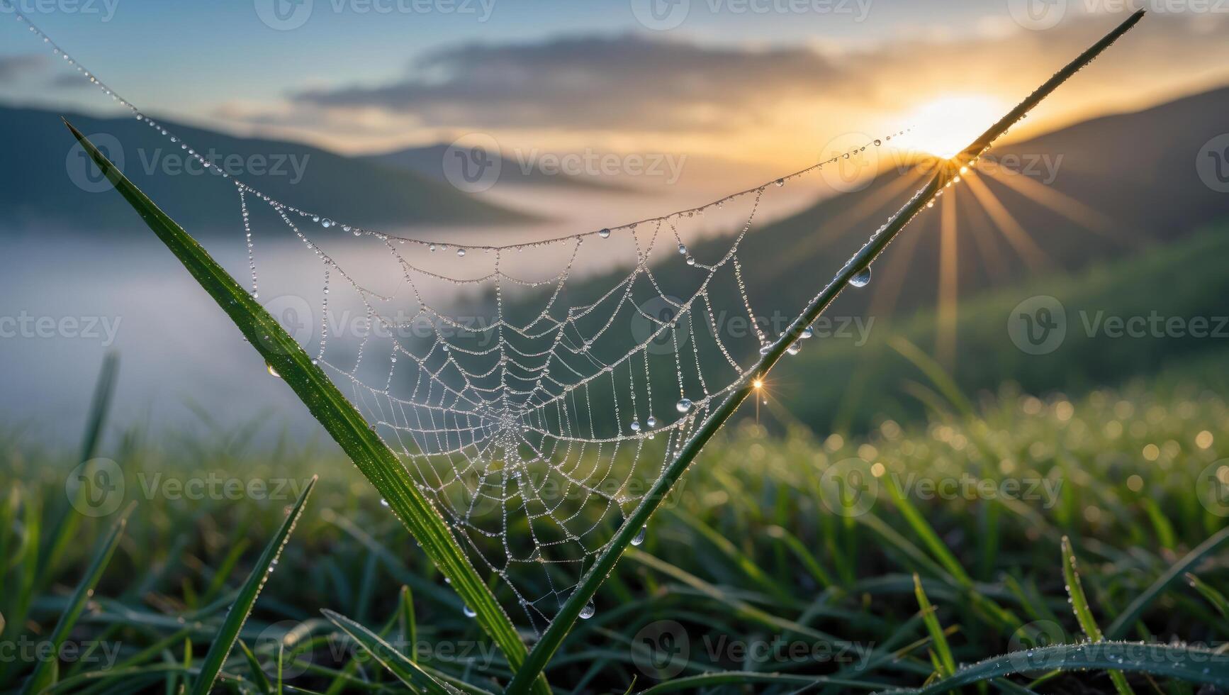 Spiderweb with Dew Drops on Grass at Sunrise in Nature photo