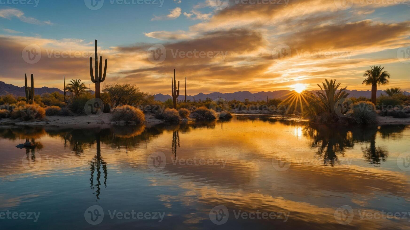 Desert Landscape with Cactus and Water Reflection at Sunset Time photo