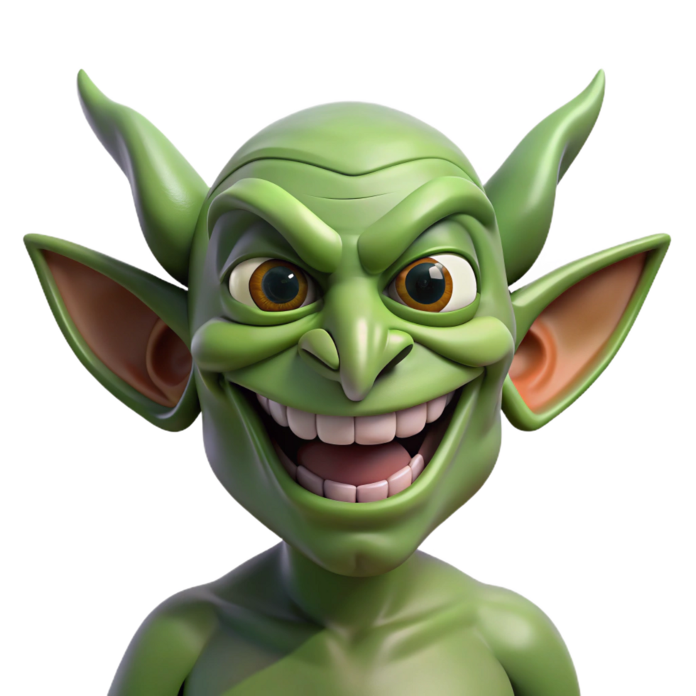 reflective serene A mischievous goblin with pointed ears and a crooked grin. NO BACKGROUND with Transparent Background. fine detail png