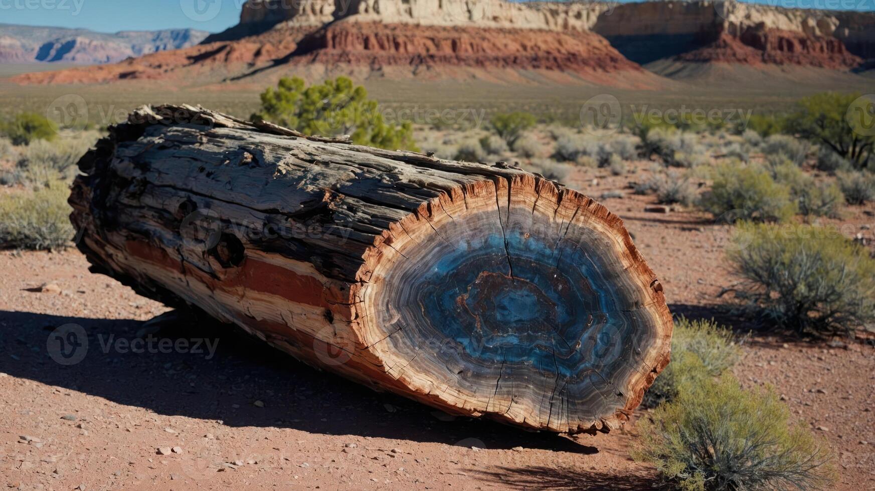 Petrified Wood Log in Desert Landscape with Mountain Backdrop photo