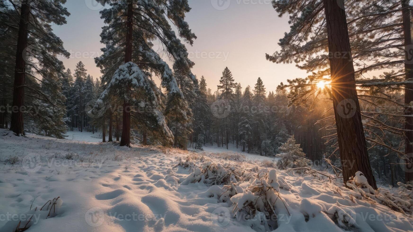 Snow Covered Forest with Sunburst Shining Through Trees in Winter photo