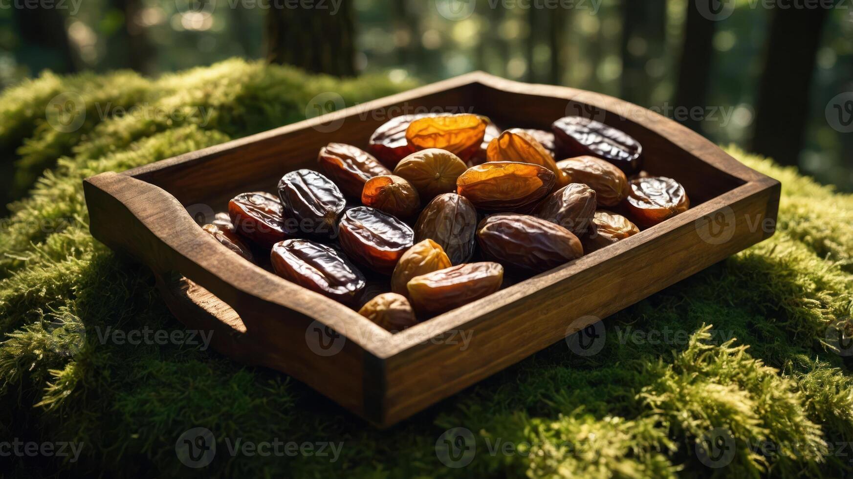 Dried Dates on Wooden Tray Surrounded by Moss in Forest Setting photo