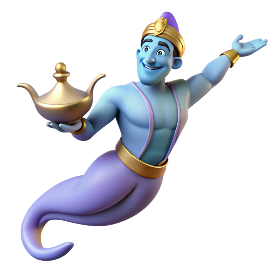immaculate dynamic elegant A powerful genie emerging from a magic lamp. NO BACKGROUND with Transparent Background. 8K png