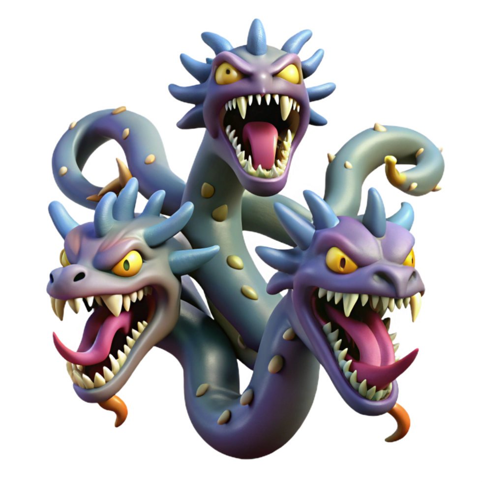 striking timeless A fearsome hydra with multiple heads and venomous fangs. NO BACKGROUND with Transparent Background. png