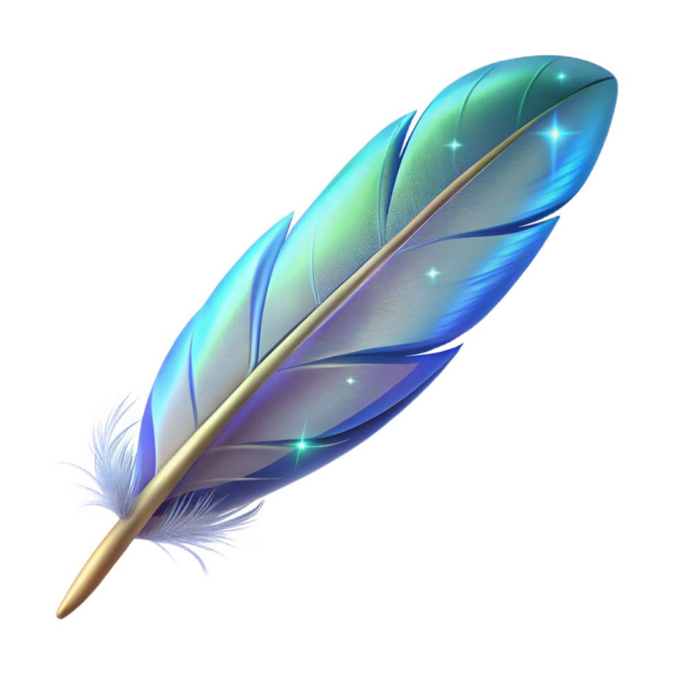 beautiful acclaimed A single, floating feather with magical properties. NO BACKGROUND with Transparent Background. png