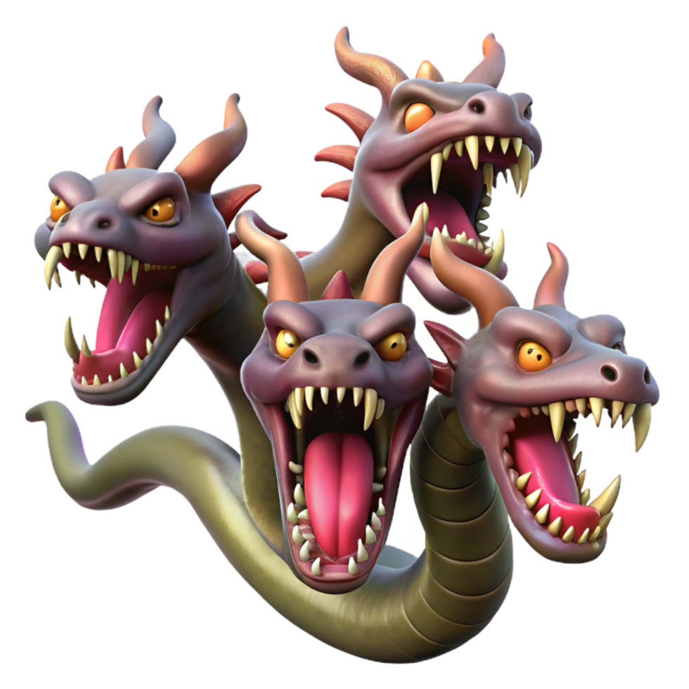 immaculate futuristic A fearsome hydra with multiple heads and venomous fangs. NO BACKGROUND with Transparent Background. museum quality png