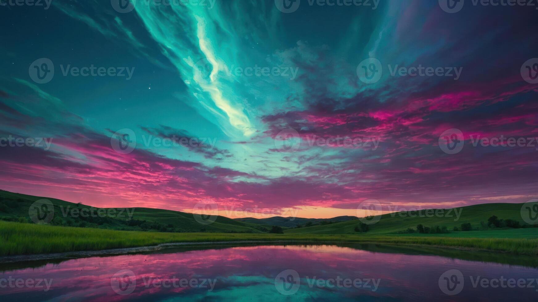 Lake Reflecting Dramatic Colorful Sky at Twilight Over Rolling Hills photo