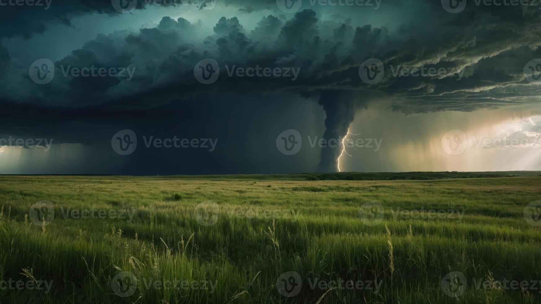 Dramatic Thunderstorm Clouds Over Field with Lightning Strike and Rain photo