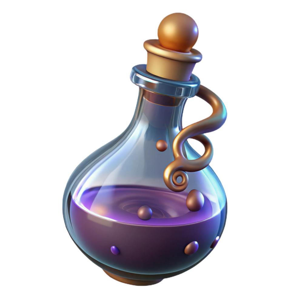 spectacular urban A single, ornate potion bottle filled with a swirling liquid. NO BACKGROUND with Transparent Background. studio quality png