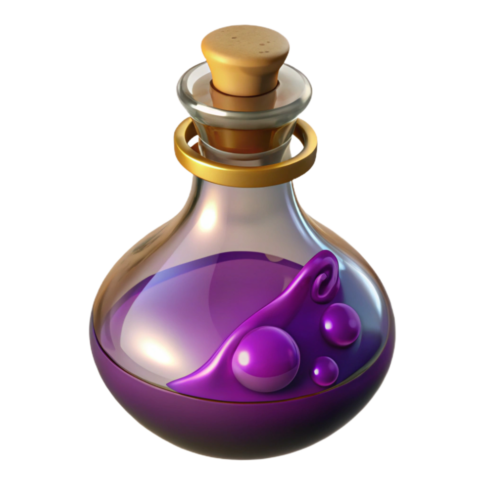 passionate impressive A single, ornate potion bottle filled with a swirling liquid. NO BACKGROUND with Transparent Background. 8K png