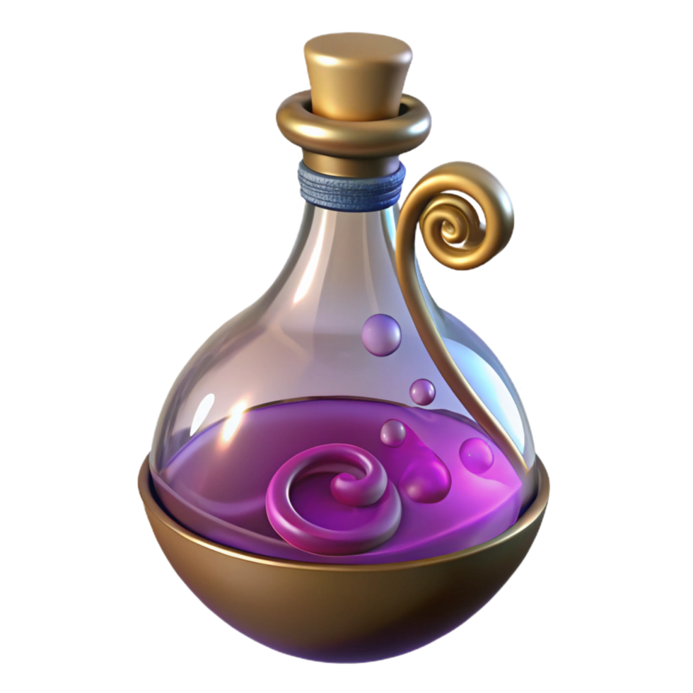 dramatic glorious A single, ornate potion bottle filled with a swirling liquid. NO BACKGROUND with Transparent Background. original png