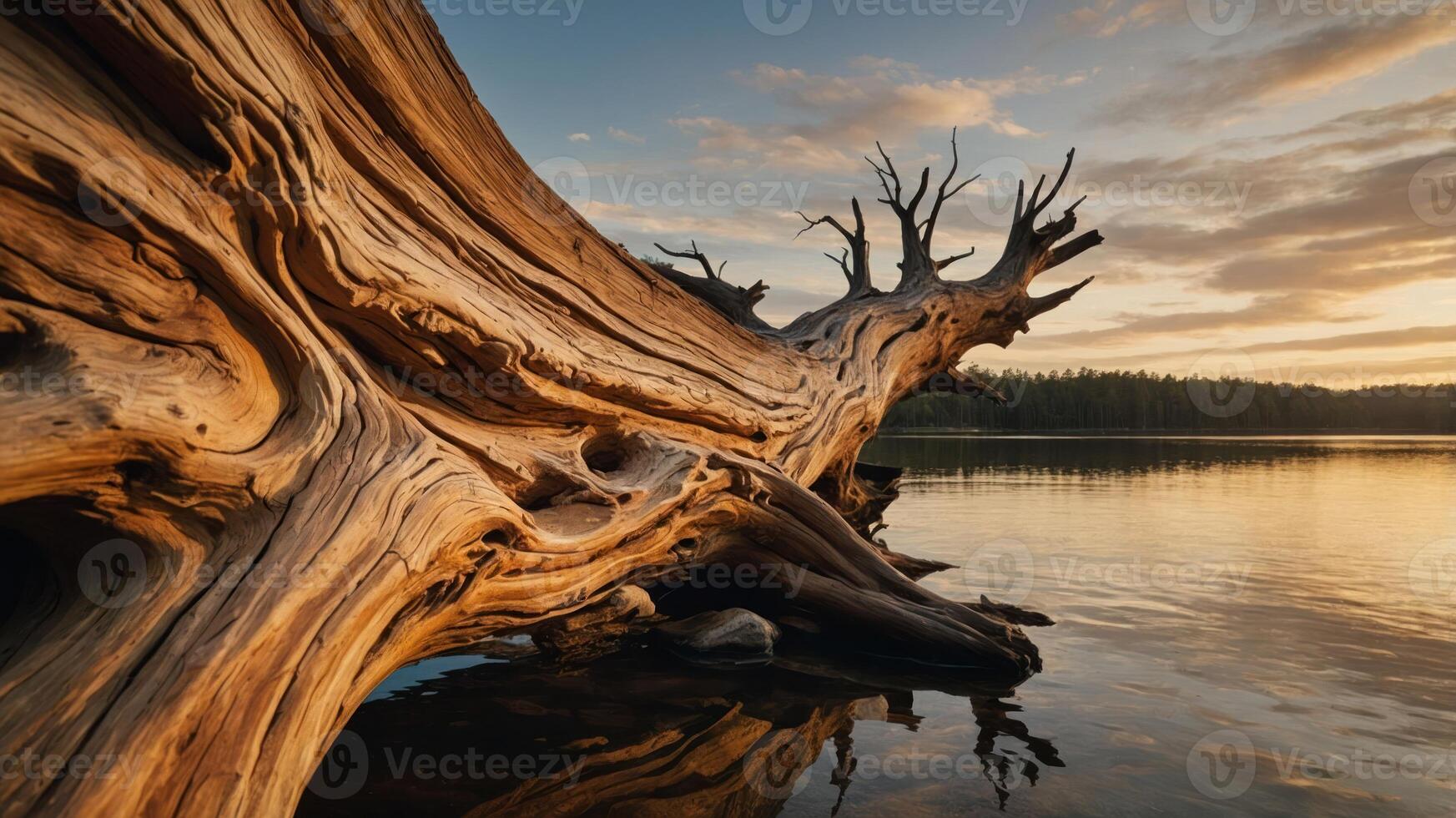 Fallen Tree Trunk on Lake at Sunset with Sky Reflection photo