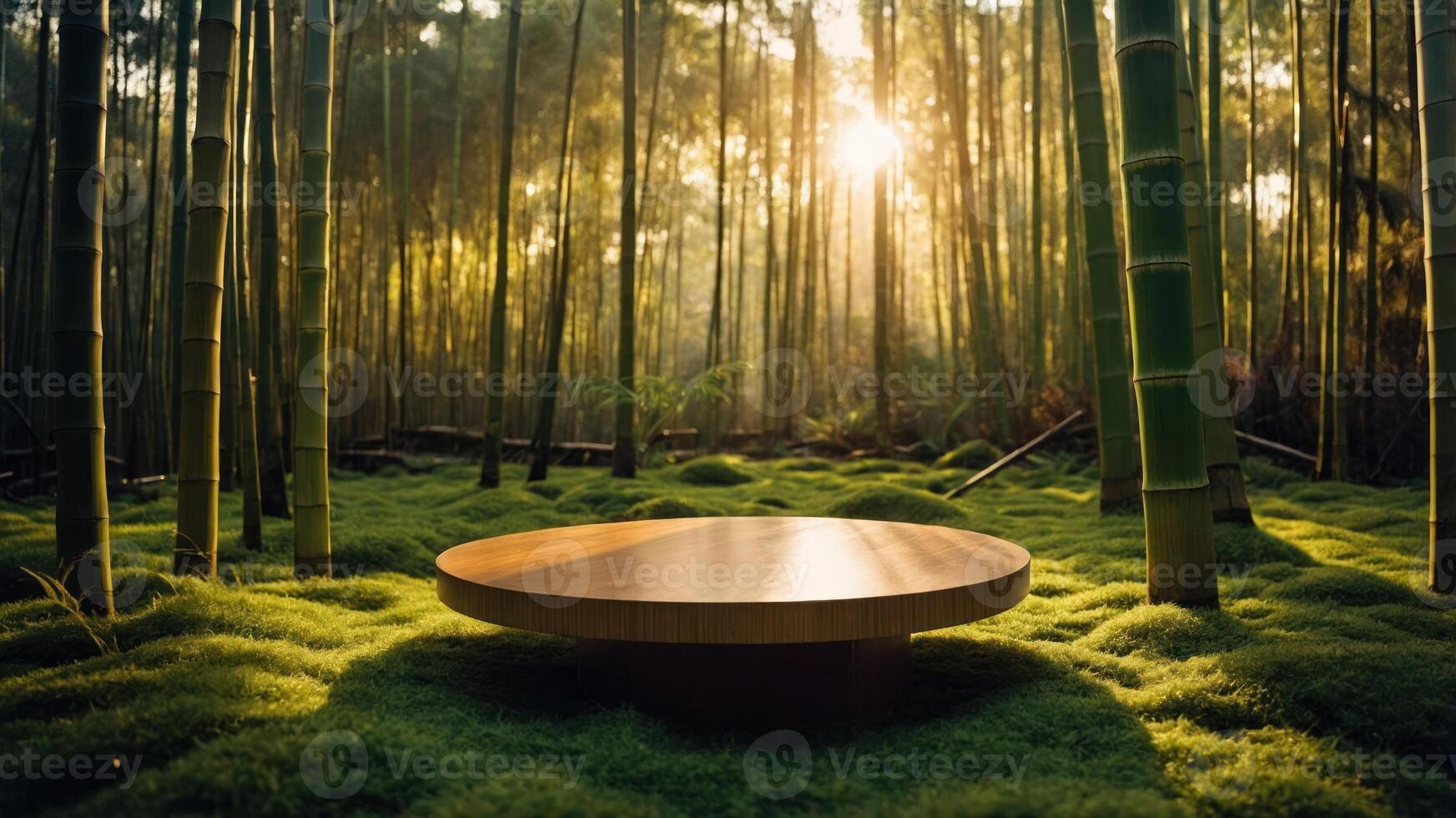 Wooden Platform in Bamboo Forest with Sunlight Shining Through Trees photo