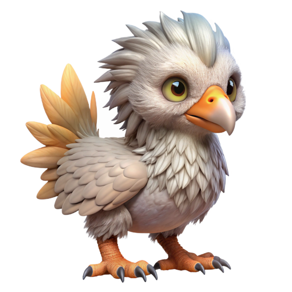 distinctive futuristic A majestic griffin chick with fluffy down feathers. NO BACKGROUND with Transparent Background. gallery standard png