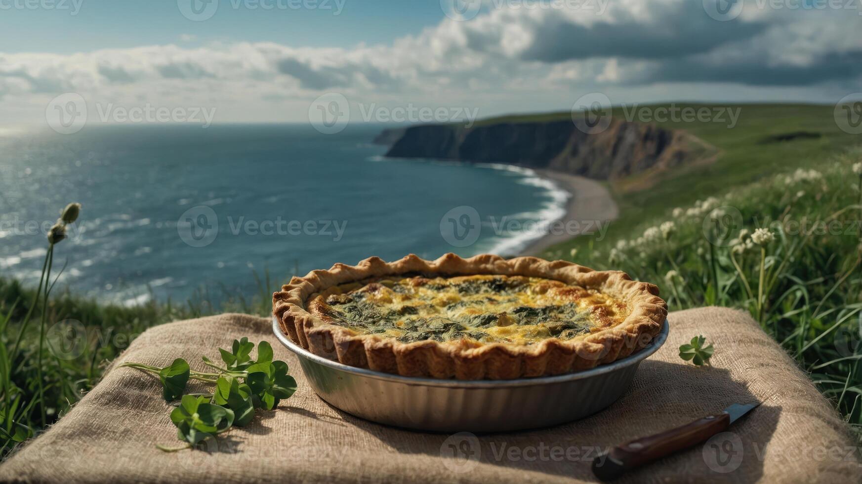 Savory Spinach and Cheese Quiche with Coastal View and Clover Accents photo