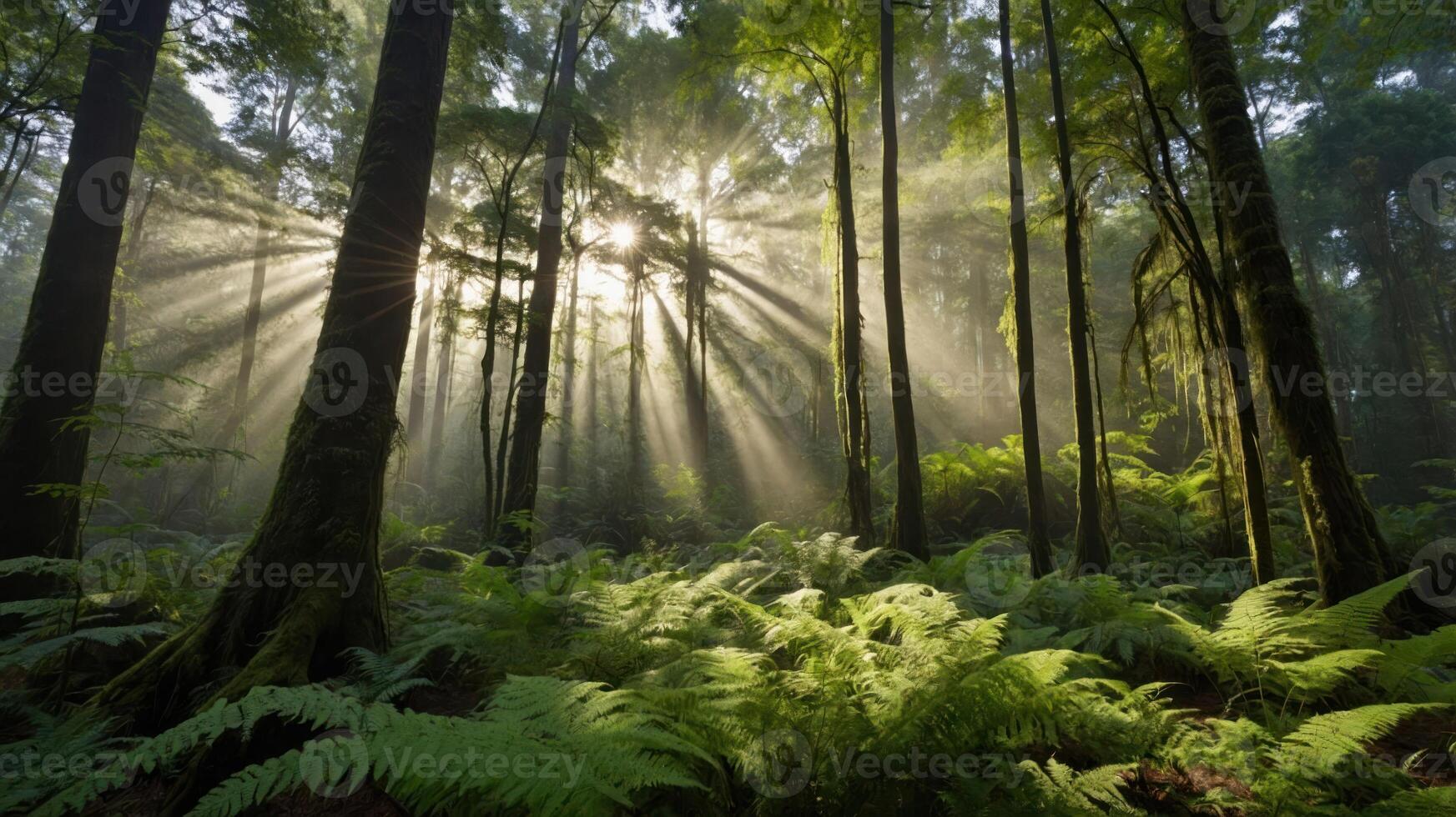 Sun Rays Shining Through Tall Trees in a Lush Green Forest photo