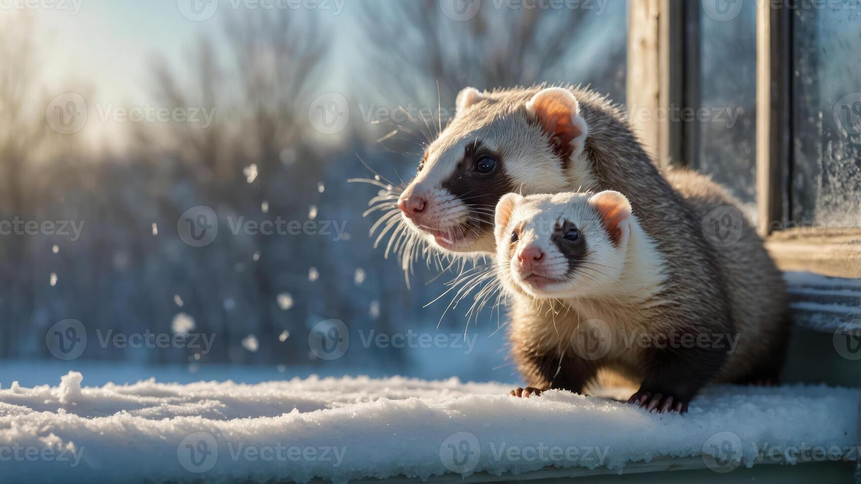 Two Ferrets Looking Out Window on Snowy Winter Day Together photo