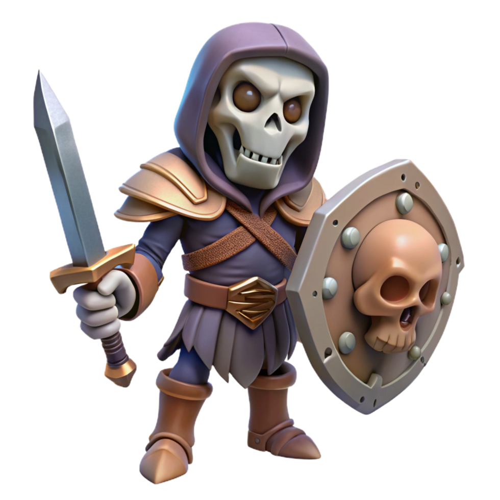 impressive exceptional A creepy skeleton warrior with a sword and shield. NO BACKGROUND with Transparent Background. png