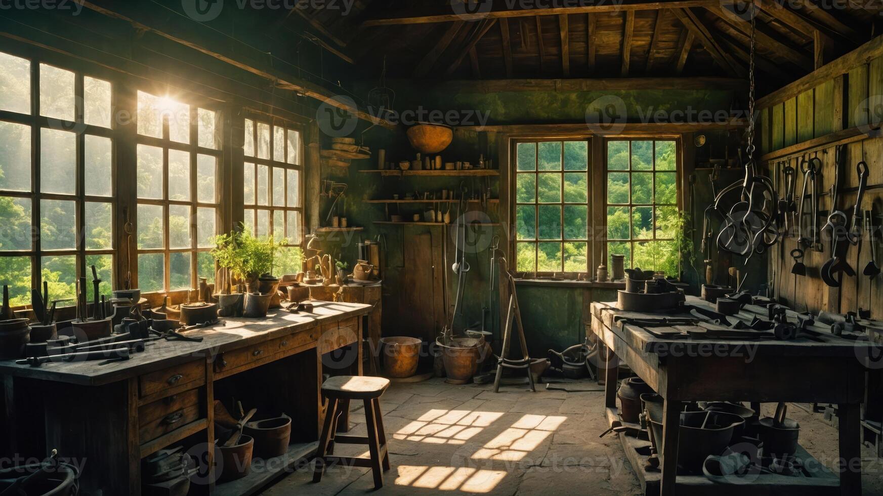 Workshop Interior Featuring Woodworking Tools and Natural Light Streaming Through Windows photo