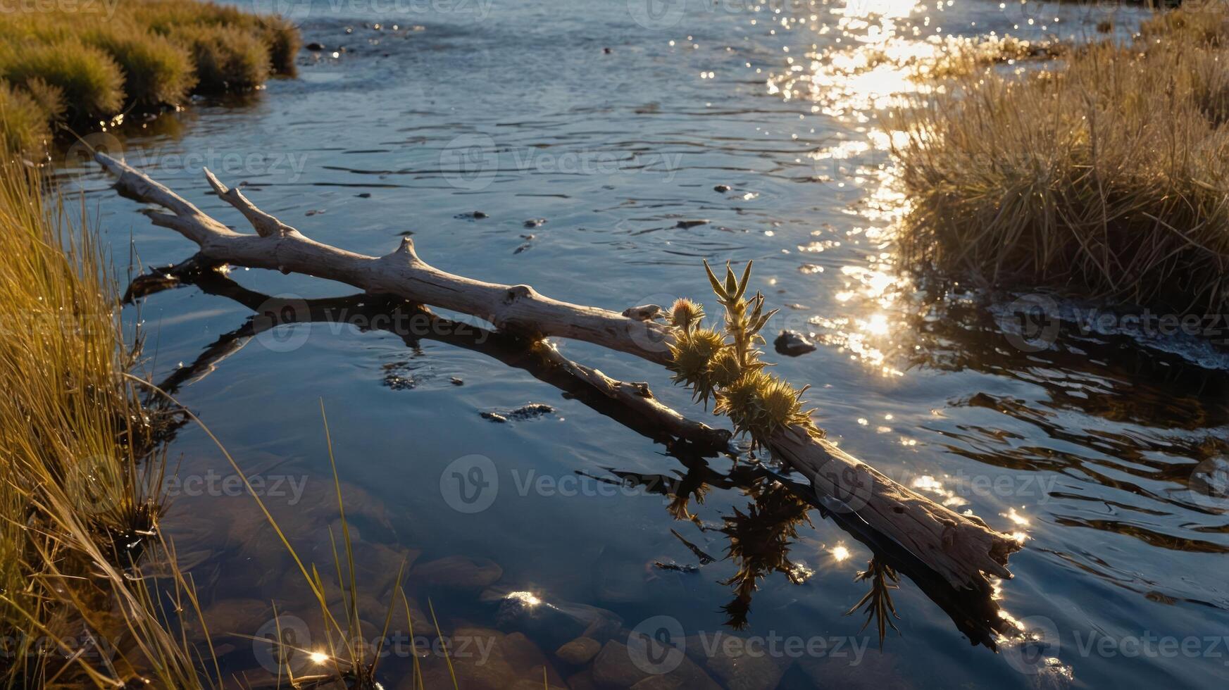 Fallen Branch Floating in River with Reflection Under Golden Sunlight photo