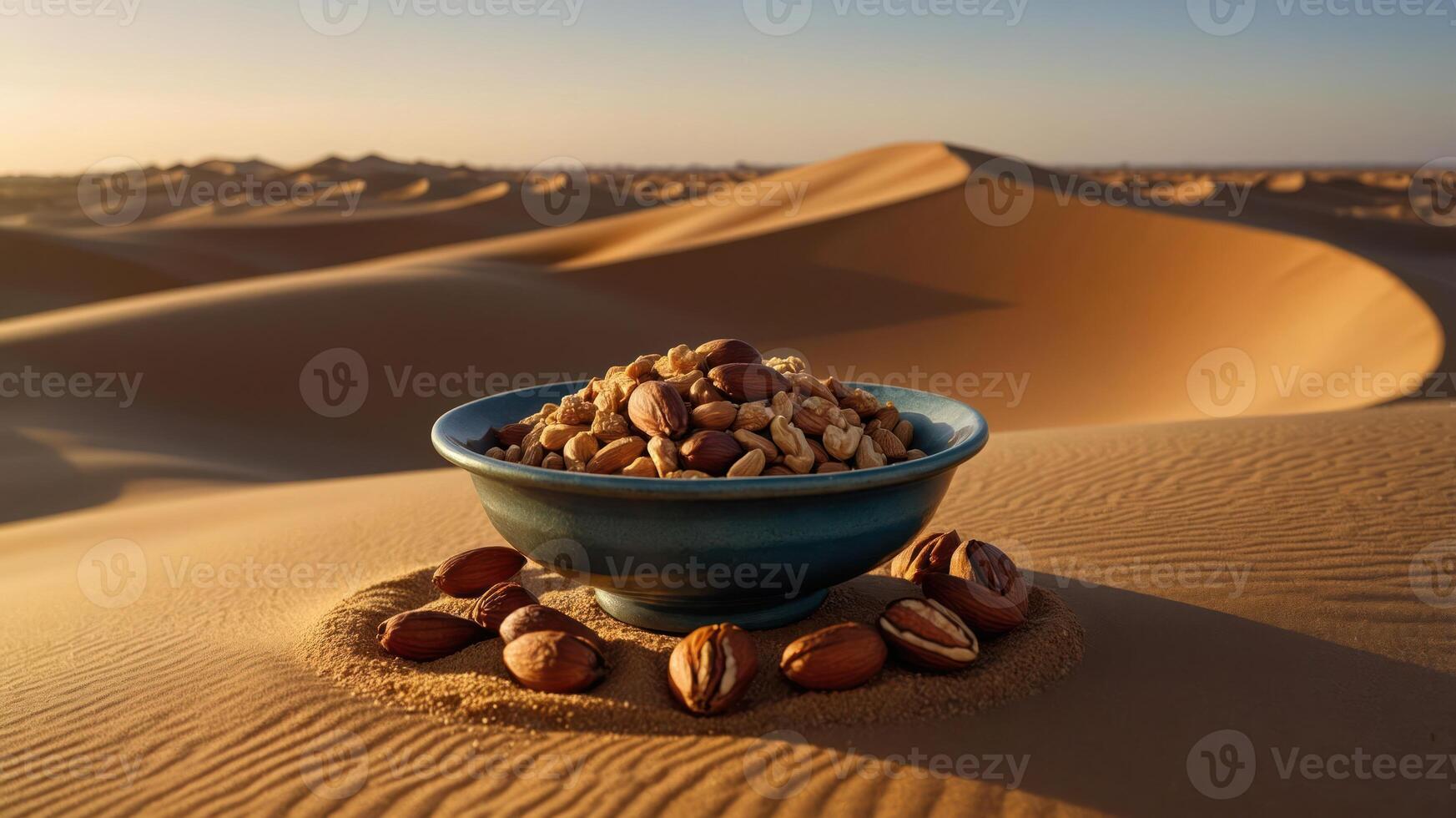Bowl of Mixed Nuts in a Desert Setting with Sand Dunes photo