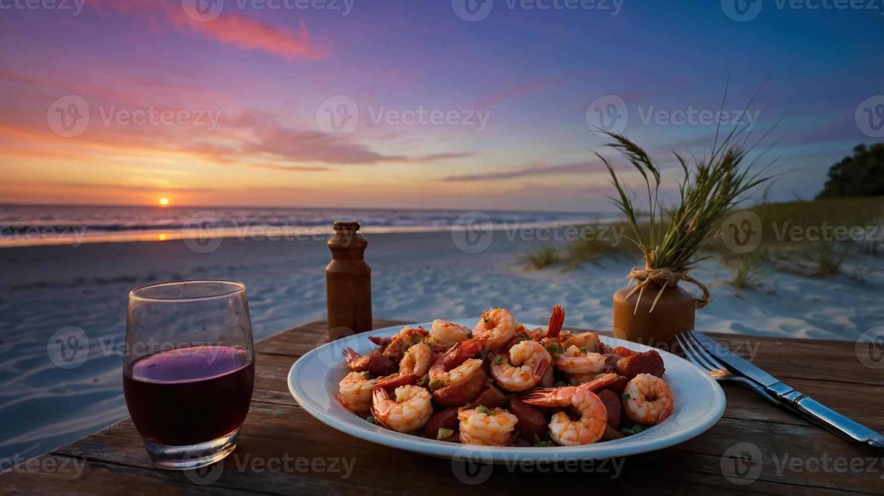 Enjoying Shrimp and Sausage Dish with Wine at a Beach Sunset photo
