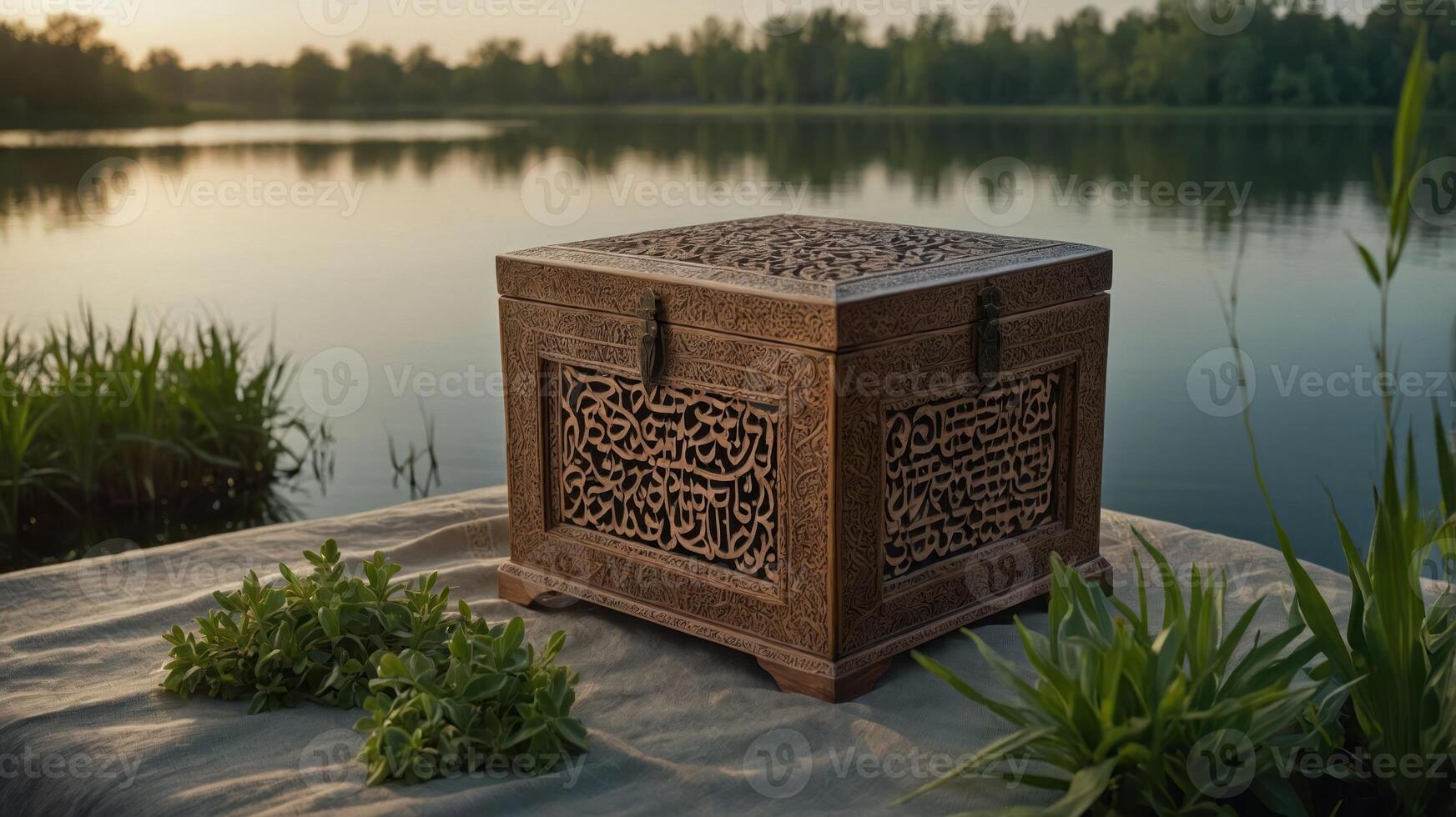 Ornate Wooden Box on Fabric Near Lake at Dusk in Nature photo