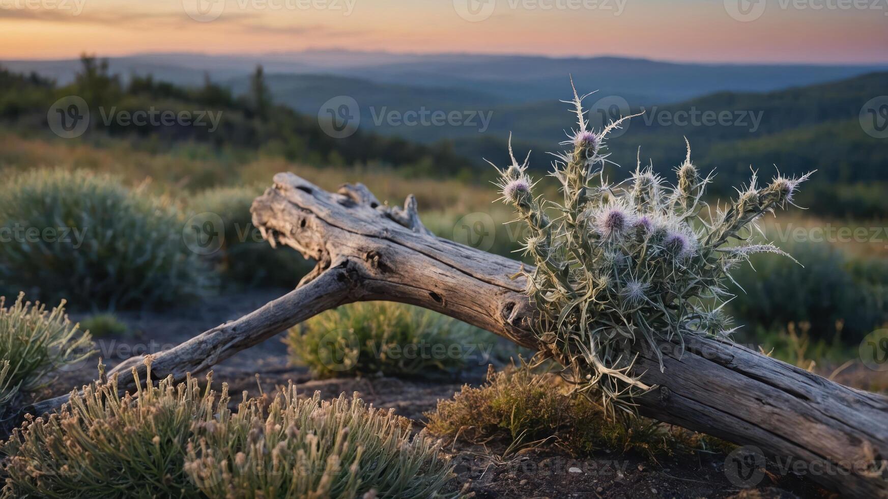 Thistle Growing on Log with Mountain View at Dusk Scenery photo