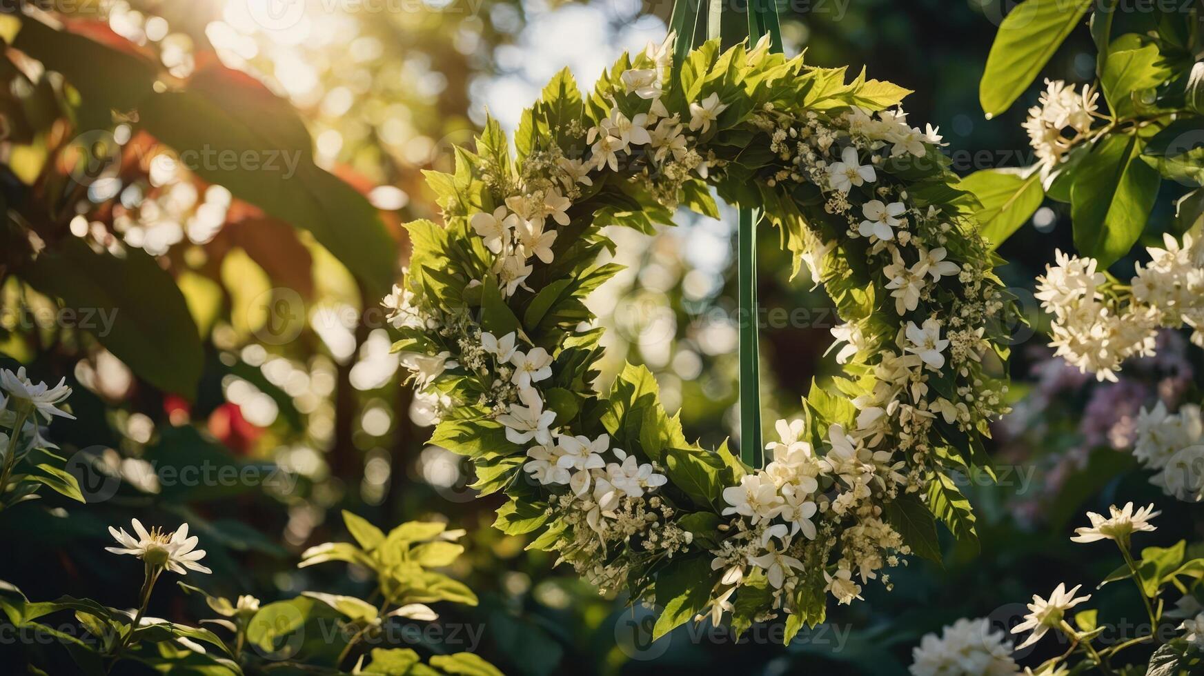Floral Wreath Hanging in a Garden with White Flowers and Sunlight photo