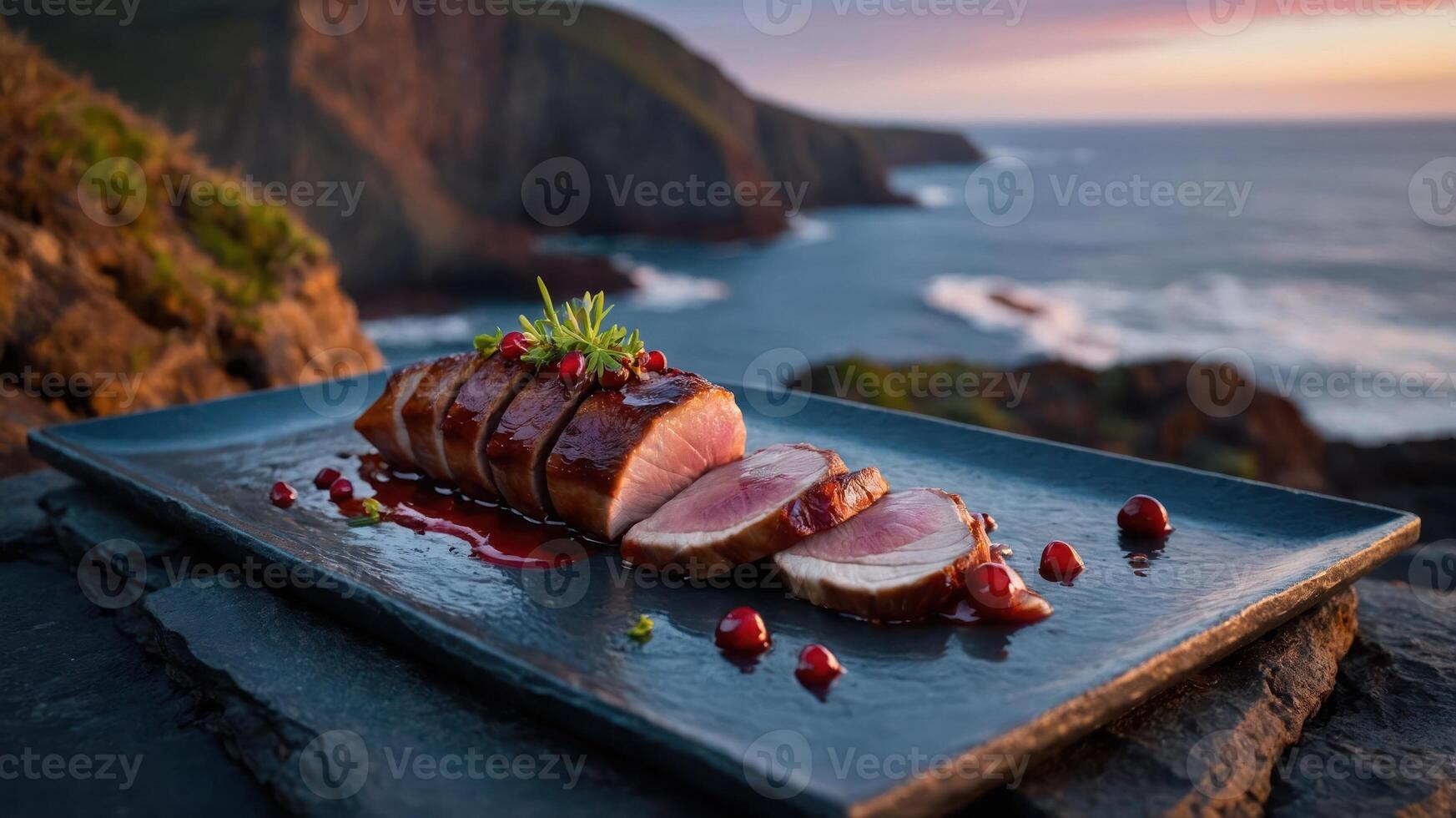 Sliced Meat Dish Garnished with Berries Overlooking Scenic Ocean Coastline photo