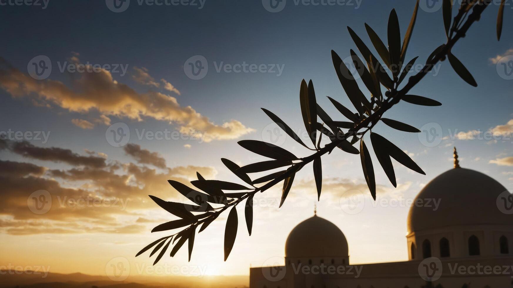 Branch Silhouette Against Sunset Sky with Dome Architecture in View photo