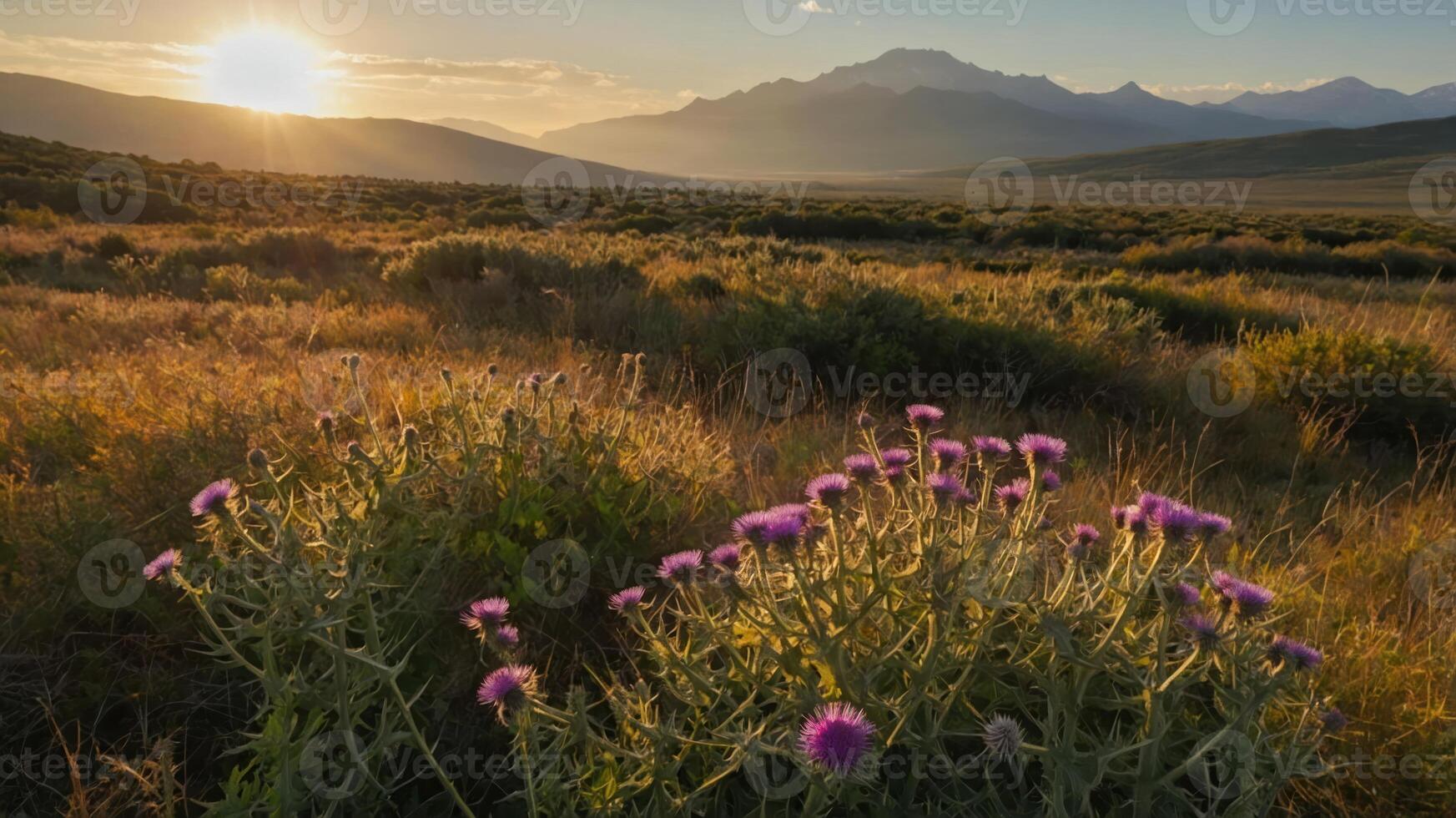 Thistle Blooms in Golden Field Under Mountainous Landscape at Sunset photo