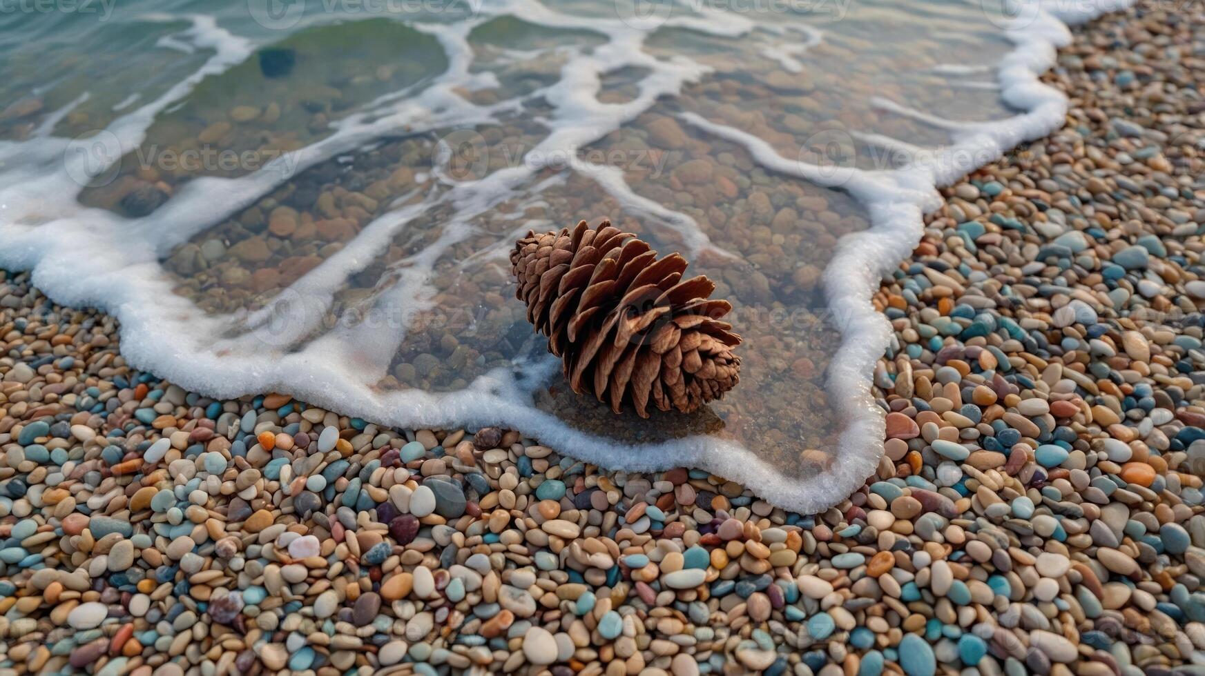 Pinecone Resting on Pebble Beach Edge with Gentle Water Washing Over photo