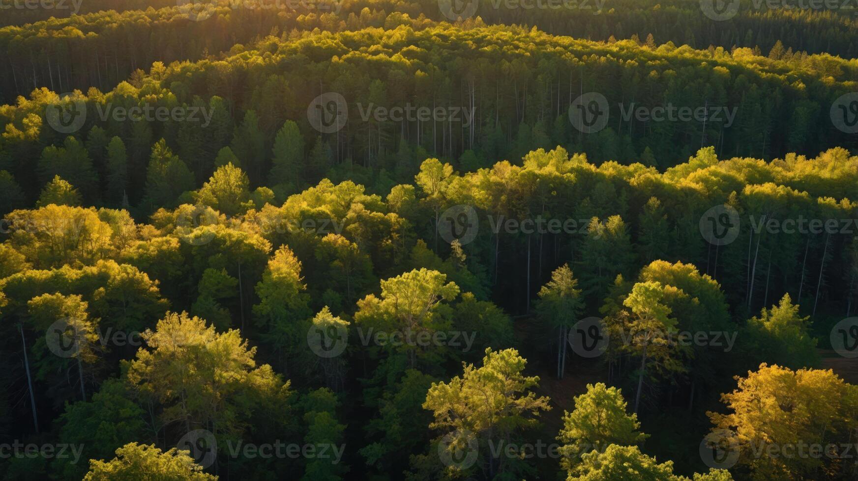 Dense Forest Canopy Glowing in Evening Sunlight From Above View photo