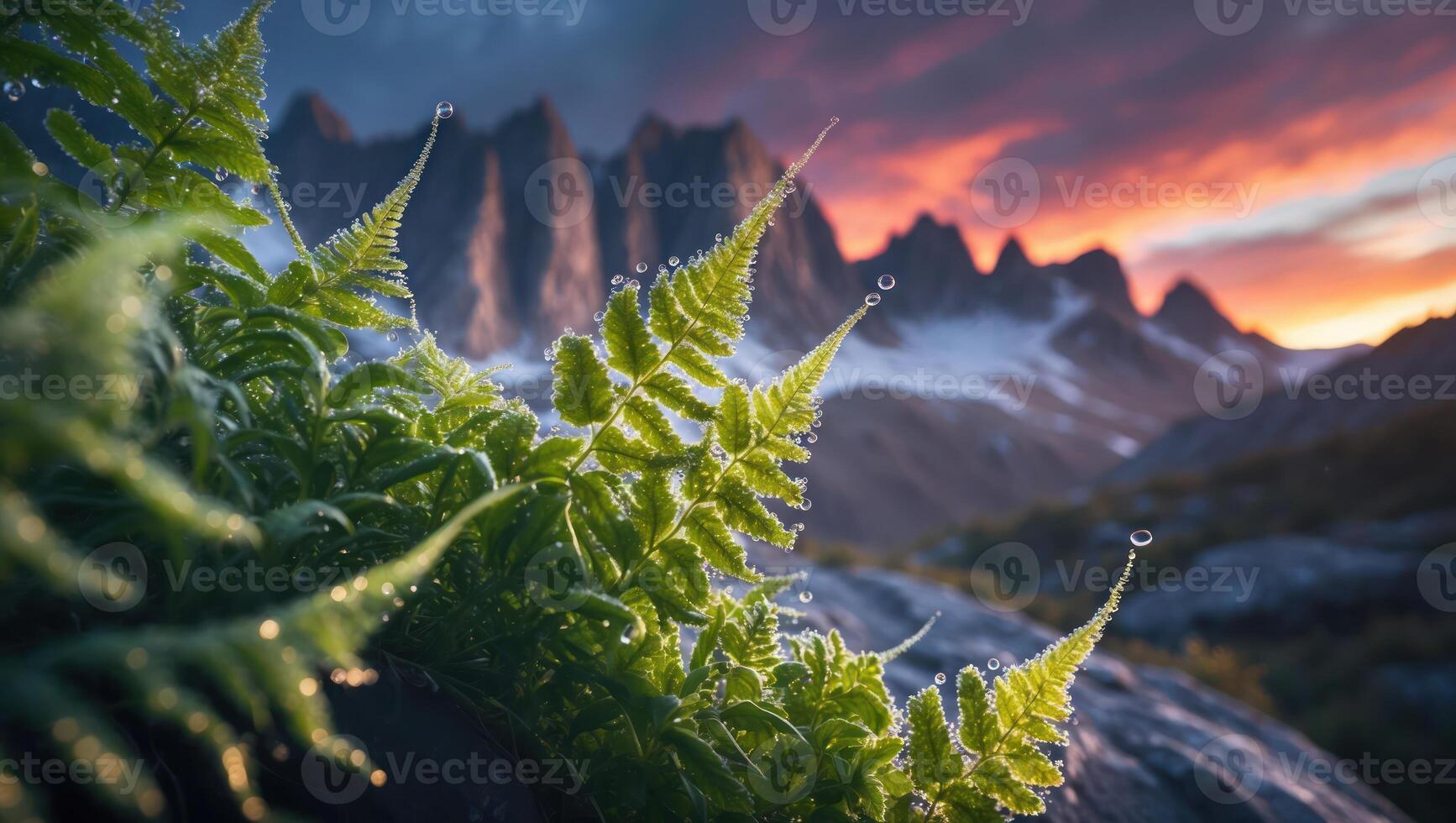 Fern Frond with Dew Drops Overlooking Mountain Range at Sunset photo