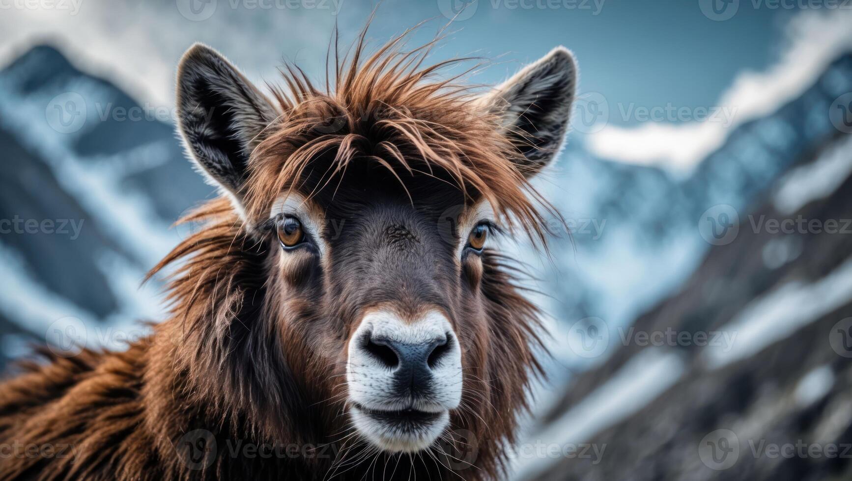 Close-up Portrait of Brown Alpaca in Mountain Environment photo