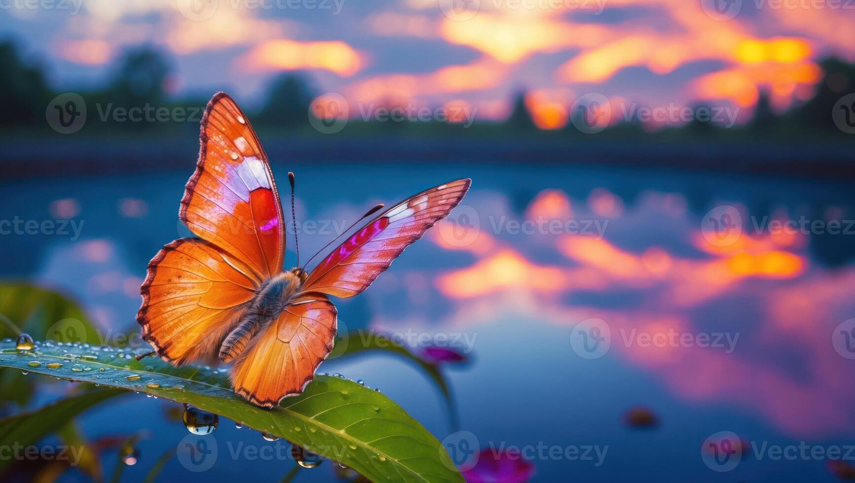 Butterfly Resting on Leaf with Water Droplets and Sunset Reflection photo
