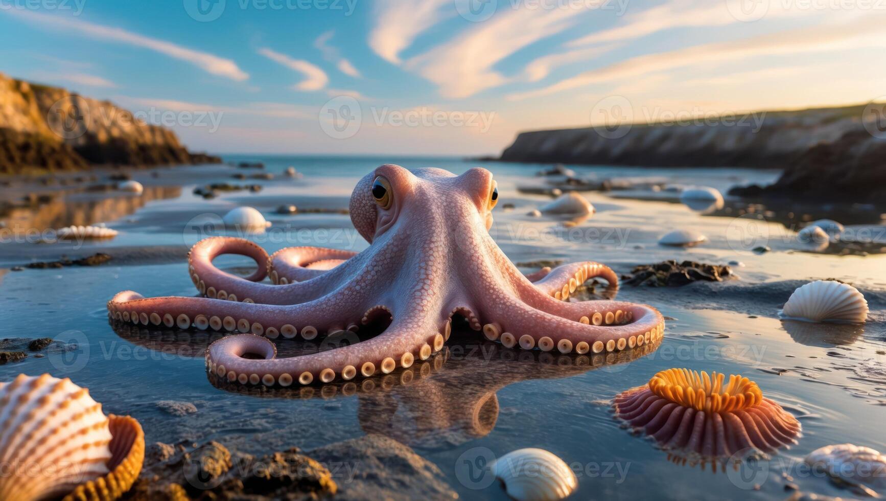 Octopus on Sandy Beach During Sunset Surrounded by Seashells and Water photo