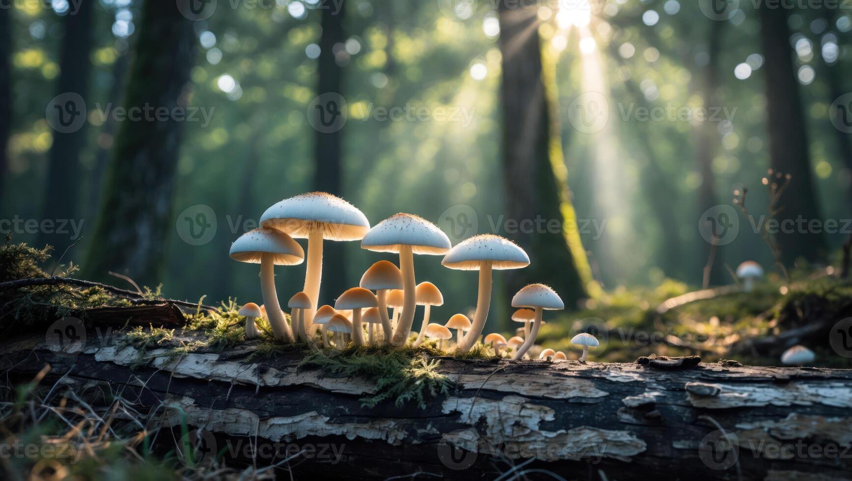 Mushrooms Growing on Fallen Log in Forest with Sunlight Streaming Through photo