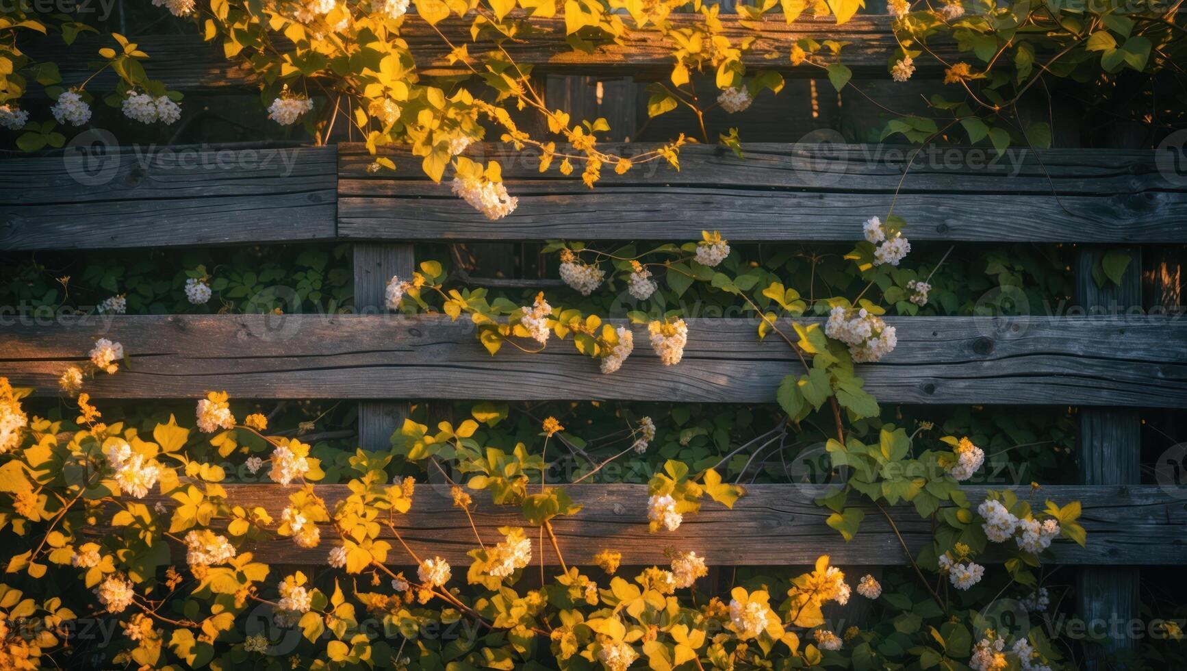 Climbing Flowers on Weathered Fence Create a Rustic Springtime Scene photo