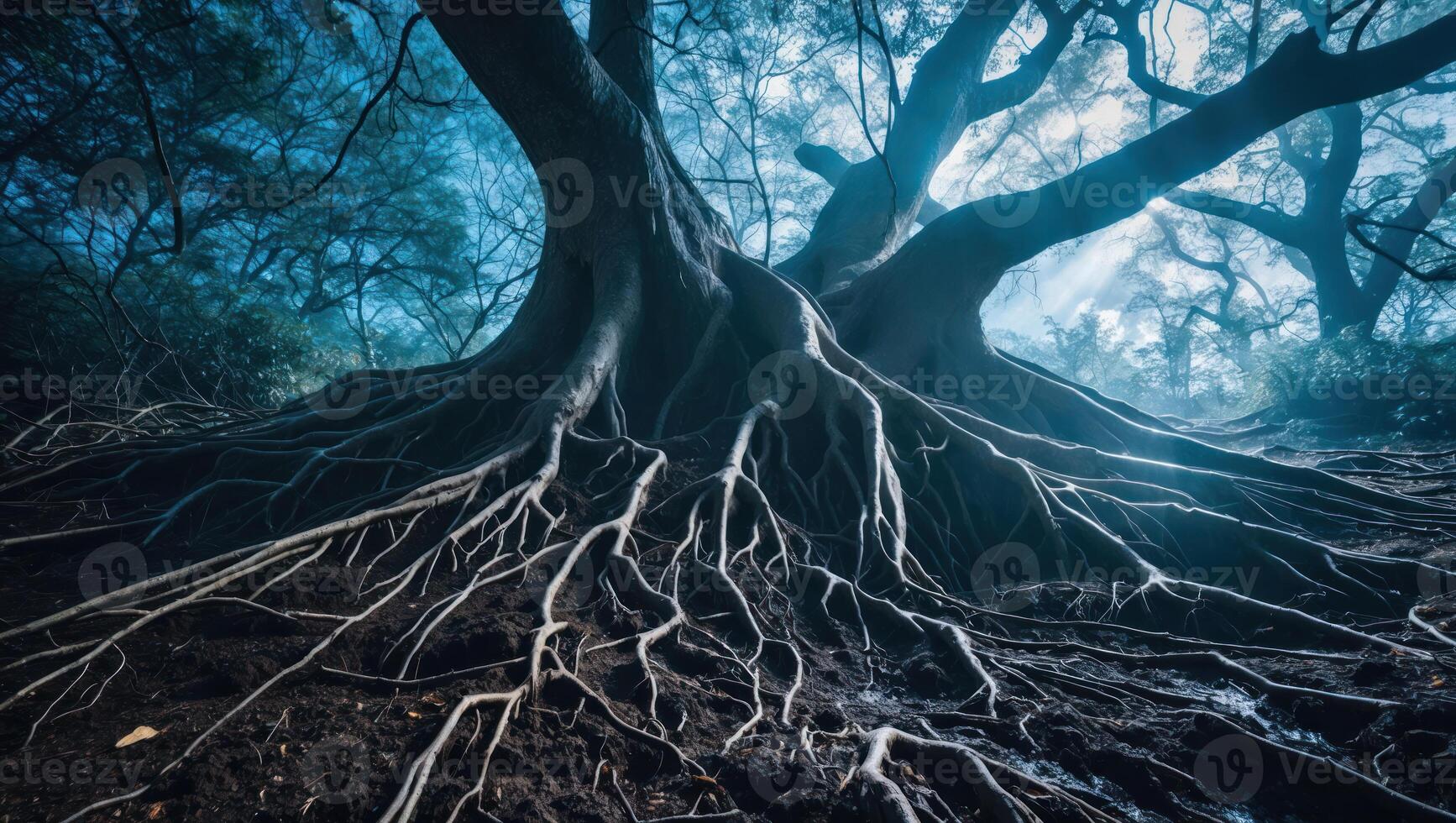 Massive Tree Roots Sprawling Across Forest Floor with Light Streaks photo